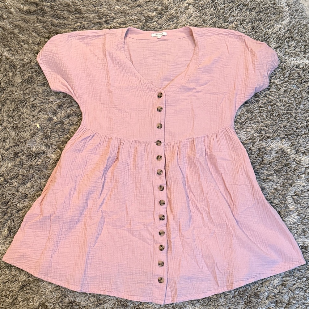 Madewell Lightspun Button Front Mini Dress XL Pink Short Sleeve Cotton Gauze